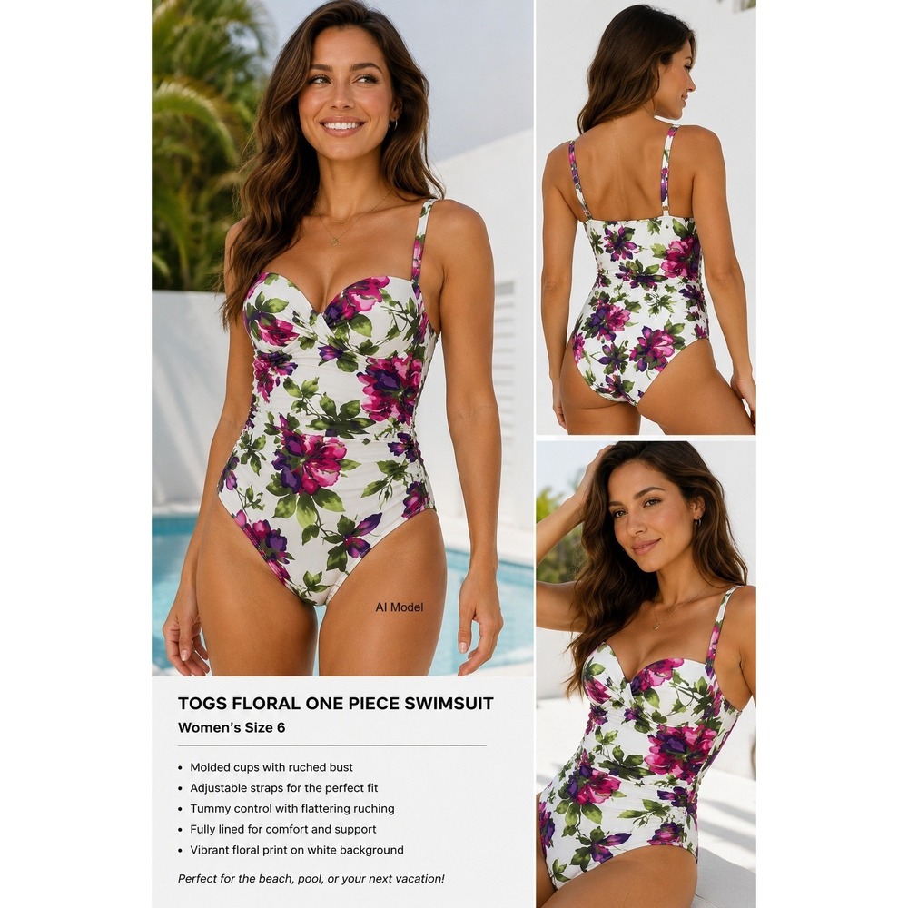 TOGS Australia Floral One Piece Swimsuit size 6 Ruched Bust Tummy Control